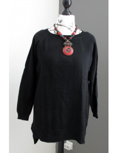 Pull droit noir maille chaude col rond manches raglan 2