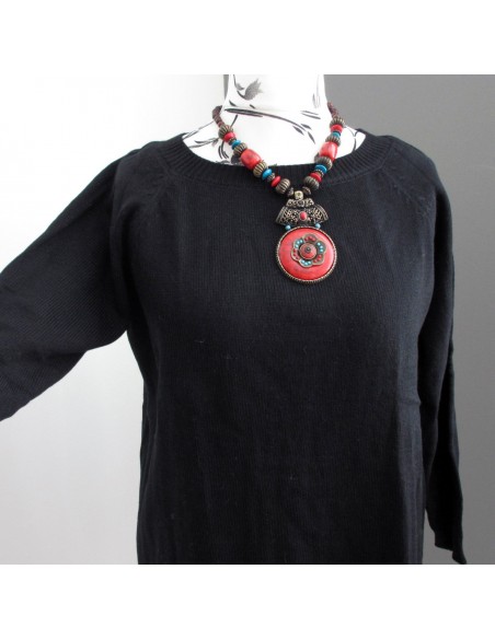 Pull droit noir maille chaude col rond manches raglan Pull droit noir maille chaude col rond manches raglan