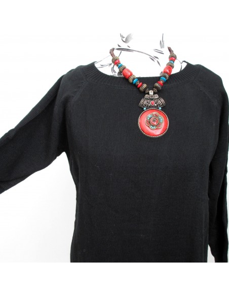 Pull droit noir maille chaude col rond manches raglan Pull droit noir maille chaude col rond manches raglan