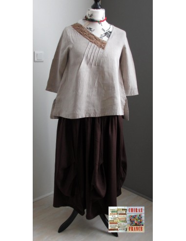 Tunique top LIN brut BEIGE ou ÉCRU coupe trapèze demi col relief plis plats fentes boho ethnique