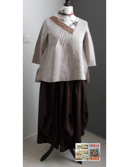 Tunique top LIN brut BEIGE ou ÉCRU coupe trapèze demi col relief plis plats fentes boho ethnique
