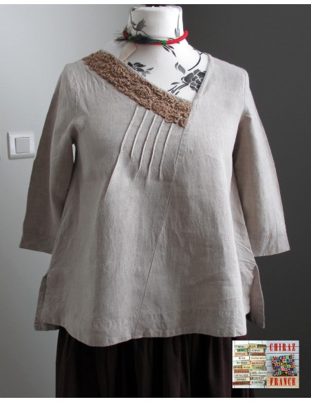 Tunique top LIN brut BEIGE ou ÉCRU coupe trapèze demi col relief plis plats fentes boho ethnique