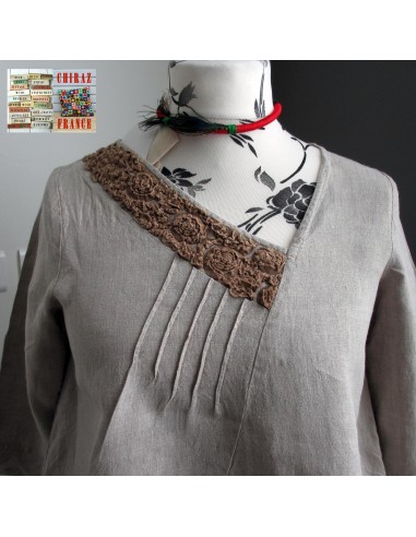 Tunique top LIN brut BEIGE ou ÉCRU coupe trapèze demi col relief plis plats fentes boho ethnique