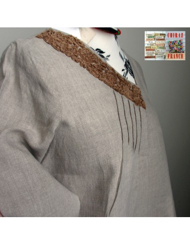 Tunique top LIN brut BEIGE ou ÉCRU coupe trapèze demi col relief plis plats fentes boho ethnique