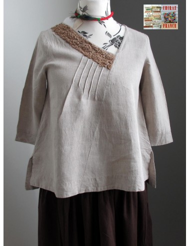 Tunique top LIN brut BEIGE ou ÉCRU coupe trapèze demi col relief plis plats fentes boho ethnique
