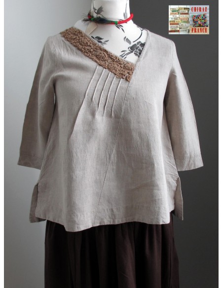 Tunique top LIN brut BEIGE ou ÉCRU coupe trapèze demi col relief plis plats fentes boho ethnique