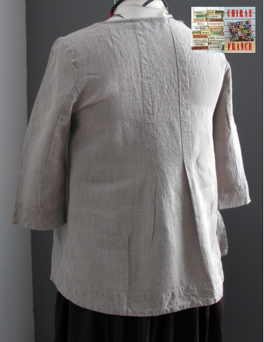 Tunique top LIN brut BEIGE ou ÉCRU coupe trapèze demi col relief plis plats fentes boho ethnique