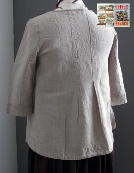 Tunique top LIN brut BEIGE ou ÉCRU coupe trapèze demi col relief plis plats fentes boho ethnique