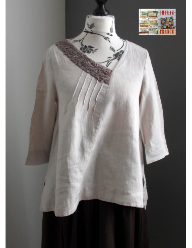 Tunique top LIN brut BEIGE ou ÉCRU coupe trapèze demi col relief plis plats fentes boho ethnique