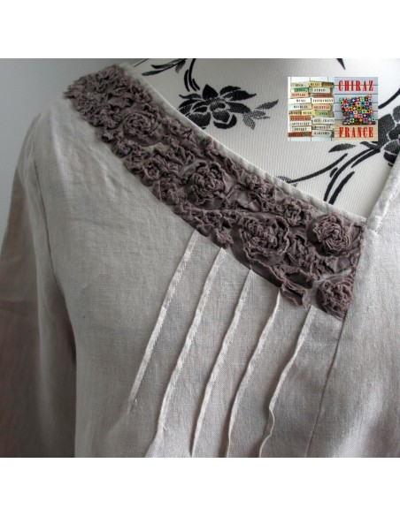 Tunique top LIN brut BEIGE ou ÉCRU coupe trapèze demi col relief plis plats fentes boho ethnique