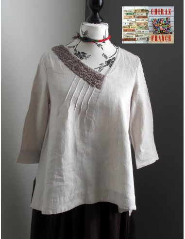 Tunique top LIN brut BEIGE ou ÉCRU coupe trapèze demi col relief plis plats fentes boho ethnique