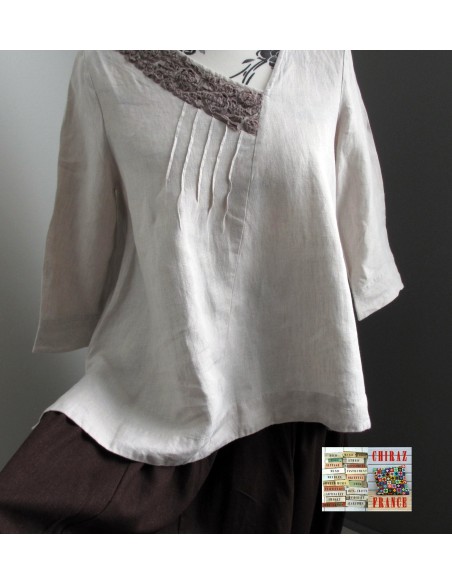 Tunique top LIN brut BEIGE ou ÉCRU coupe trapèze demi col relief plis plats fentes boho ethnique