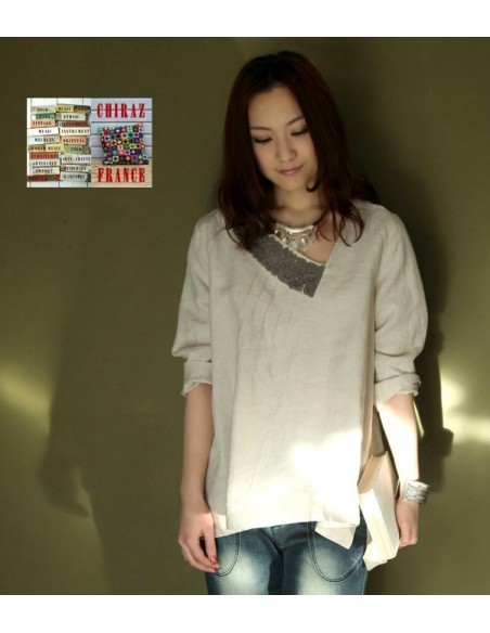 Tunique top LIN brut BEIGE ou ÉCRU coupe trapèze demi col relief plis plats fentes boho ethnique