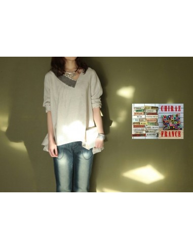 Tunique top LIN brut BEIGE ou ÉCRU coupe trapèze demi col relief plis plats fentes boho ethnique