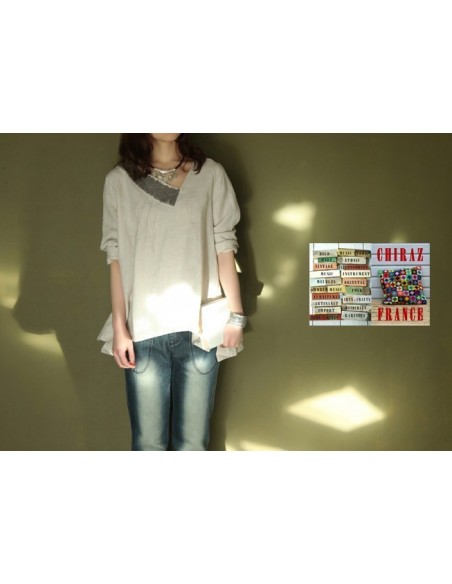 Tunique top LIN brut BEIGE ou ÉCRU coupe trapèze demi col relief plis plats fentes boho ethnique