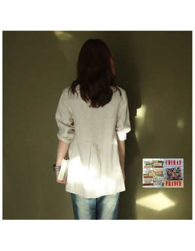 Tunique top LIN brut BEIGE ou ÉCRU coupe trapèze demi col relief plis plats fentes boho ethnique