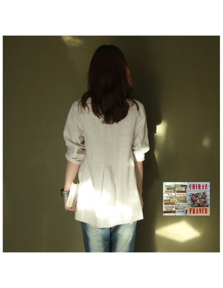 Tunique top LIN brut BEIGE ou ÉCRU coupe trapèze demi col relief plis plats fentes boho ethnique