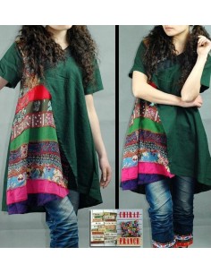 Tunique kaftan longue superposition LIN patchwork côté col biais noir