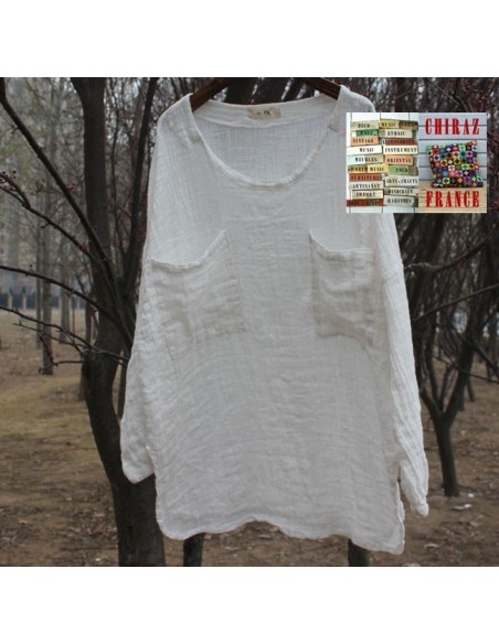 Tunique top gaze de LIN brut crêpe moutarde, blanc ou vert idéal superposition fentes boho ethnique