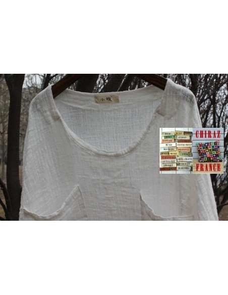 Tunique top gaze de LIN brut crêpe moutarde, blanc ou vert idéal superposition fentes boho ethnique