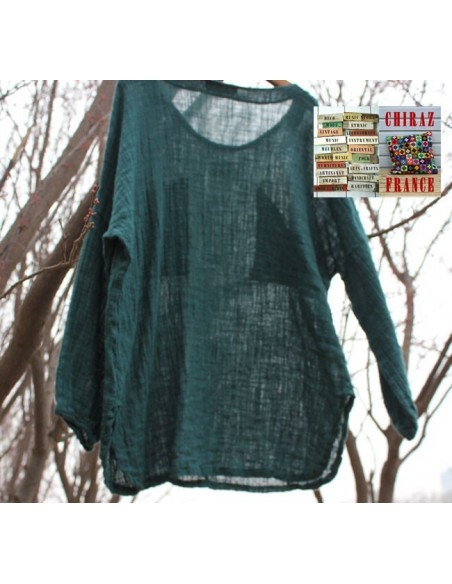 Tunique top gaze de LIN brut crêpe moutarde, blanc ou vert idéal superposition fentes boho ethnique
