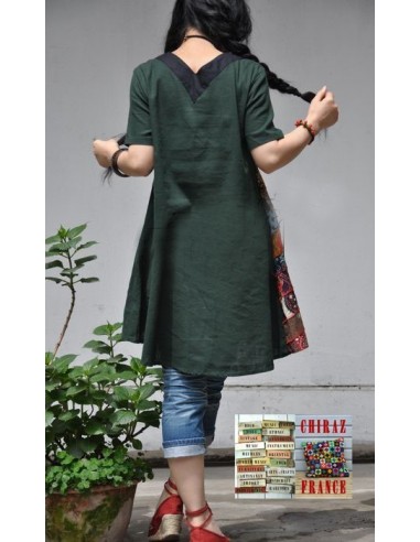 Tunique kaftan longue superposition LIN patchwork côté col biais noir