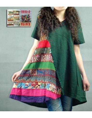 Tunique kaftan longue superposition LIN patchwork côté col biais noir