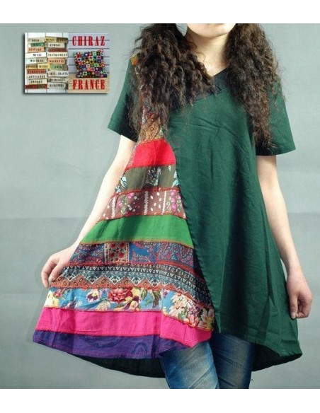 Tunique kaftan longue superposition LIN patchwork côté col biais noir