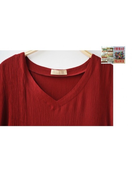 Tunique top LIN gaufré crepon ROUGE ou TAUPE col V fentes et dos long chic boho