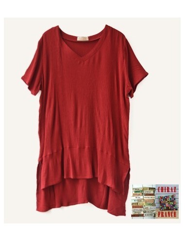 Tunique top LIN gaufré crepon ROUGE ou TAUPE col V fentes et dos long chic boho