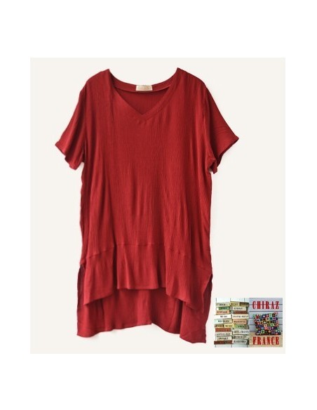 Tunique top LIN gaufré crepon ROUGE ou TAUPE col V fentes et dos long chic boho
