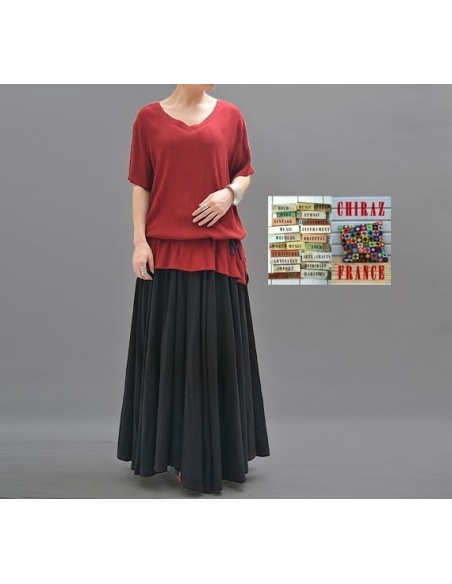 Tunique top LIN gaufré crepon ROUGE ou TAUPE col V fentes et dos long chic boho