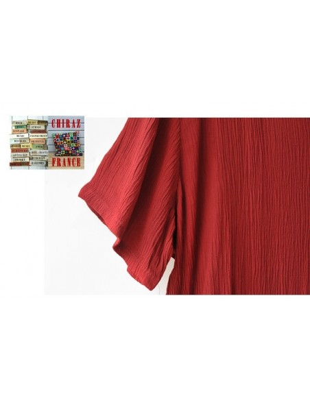 Tunique top LIN gaufré crepon ROUGE ou TAUPE col V fentes et dos long chic boho