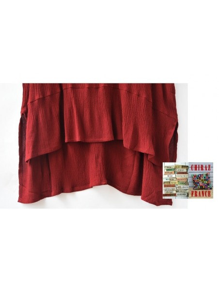 Tunique top LIN gaufré crepon ROUGE ou TAUPE col V fentes et dos long chic boho