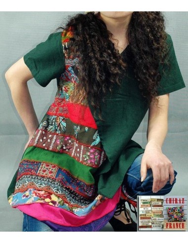 Tunique kaftan longue superposition LIN patchwork côté col biais noir