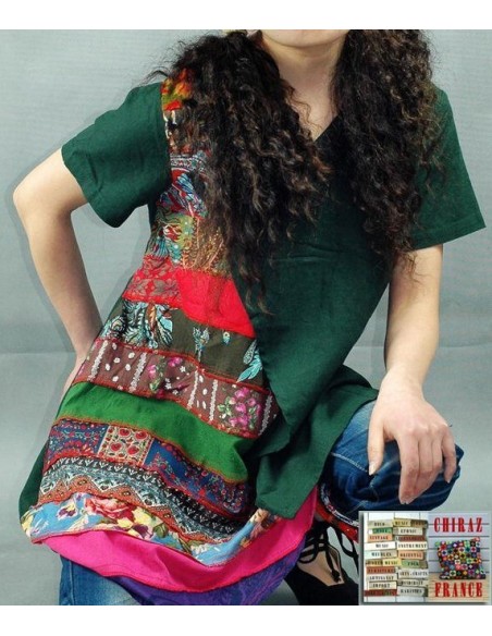 Tunique kaftan longue superposition LIN patchwork côté col biais noir