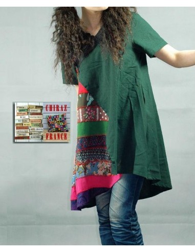 Tunique kaftan longue superposition LIN patchwork côté col biais noir