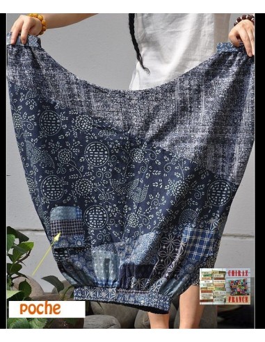 Pantalon large sarouel BLEU LIN patchwork Ming camaïeu boho ethnique folk 