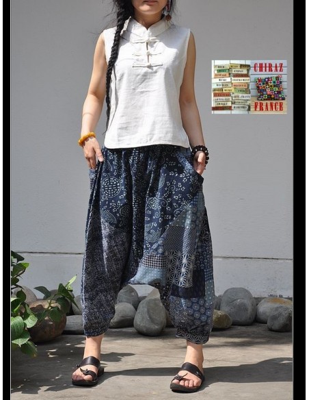 Pantalon large sarouel BLEU LIN patchwork Ming camaïeu boho ethnique folk 
