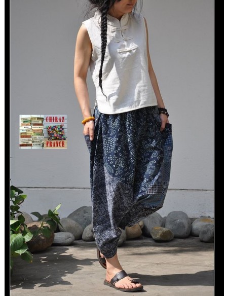 Pantalon large sarouel BLEU LIN patchwork Ming camaïeu boho ethnique folk 