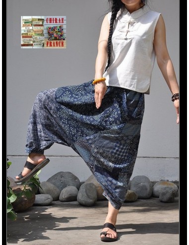 Pantalon large sarouel BLEU LIN patchwork Ming camaïeu boho ethnique folk 
