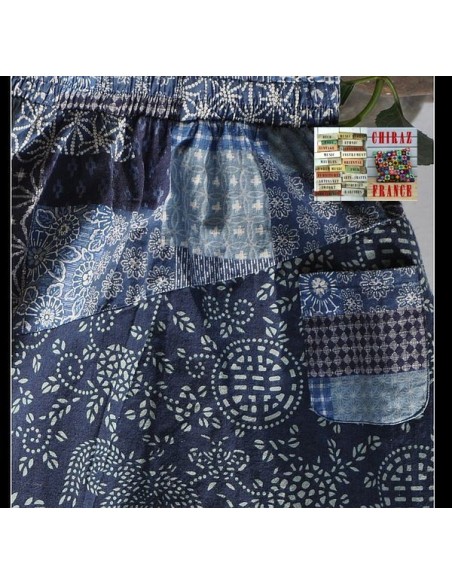 Pantalon large sarouel BLEU LIN patchwork Ming camaïeu boho ethnique folk 
