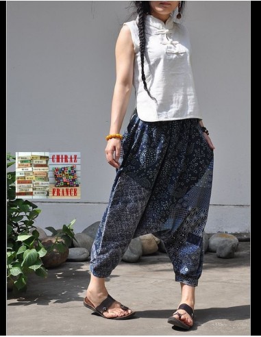 Pantalon large sarouel BLEU LIN patchwork Ming camaïeu boho ethnique folk 