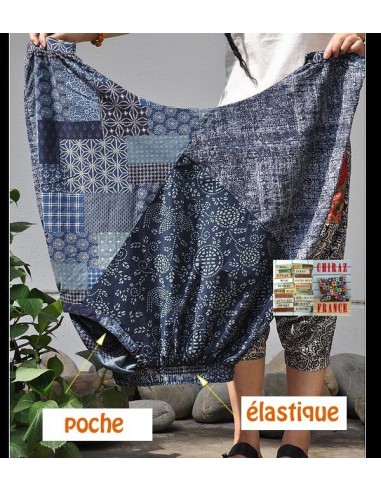 Pantalon large sarouel BLEU LIN patchwork Ming camaïeu boho ethnique folk 