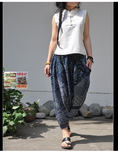 Pantalon large sarouel BLEU LIN patchwork Ming camaïeu boho ethnique folk 