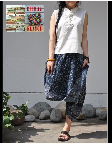 Pantalon large sarouel BLEU LIN patchwork Ming camaïeu boho ethnique folk 