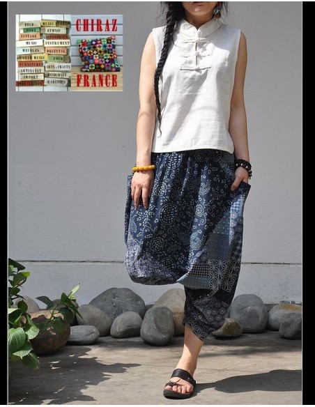 Pantalon large sarouel BLEU LIN patchwork Ming camaïeu boho ethnique folk 