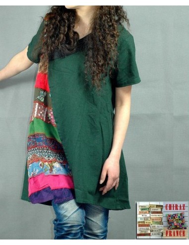 Tunique kaftan longue superposition LIN patchwork côté col biais noir