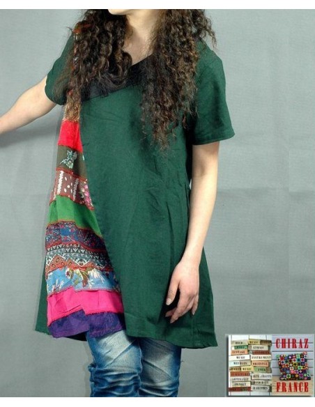 Tunique kaftan longue superposition LIN patchwork côté col biais noir