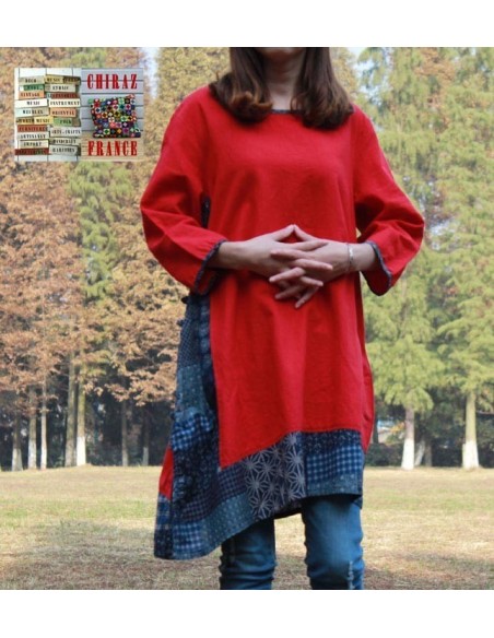 Tunique kaftan longue trapèze LIN rouge aplats Ming manches longues boho folk